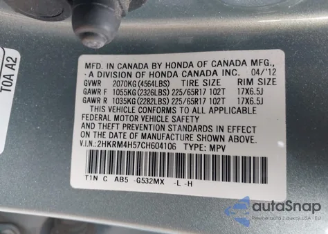 2012 Honda Cr-V Ex z USA, uszkodzony, nr VIN 2HKRM4H57CH604106